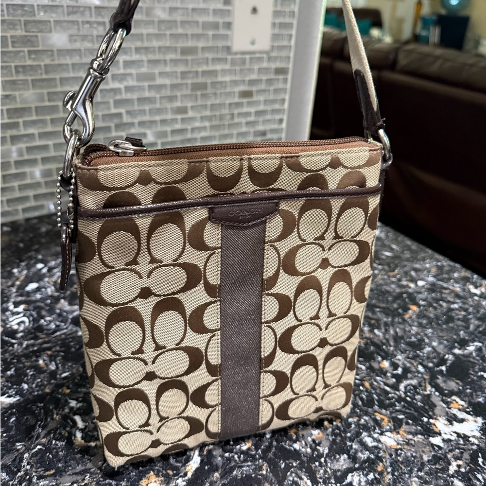 Coach Signature Brown and Tan Swing Pack Crossbody Bag